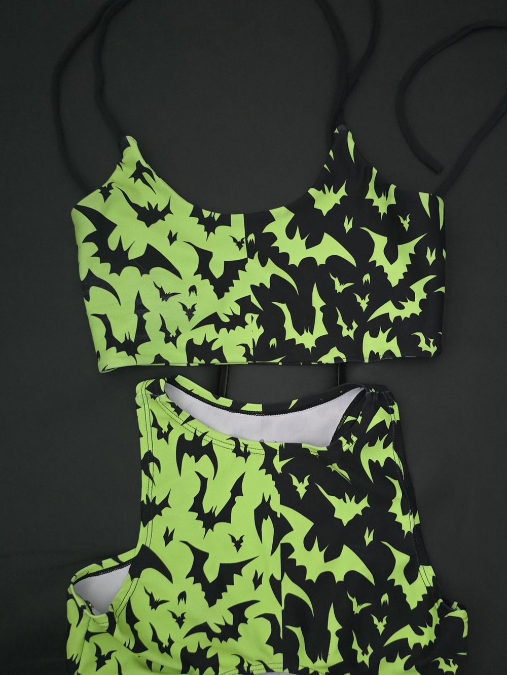 Freedom Rave Wear Neon Green & Black Bat Print Two-Piece Crop Top Set